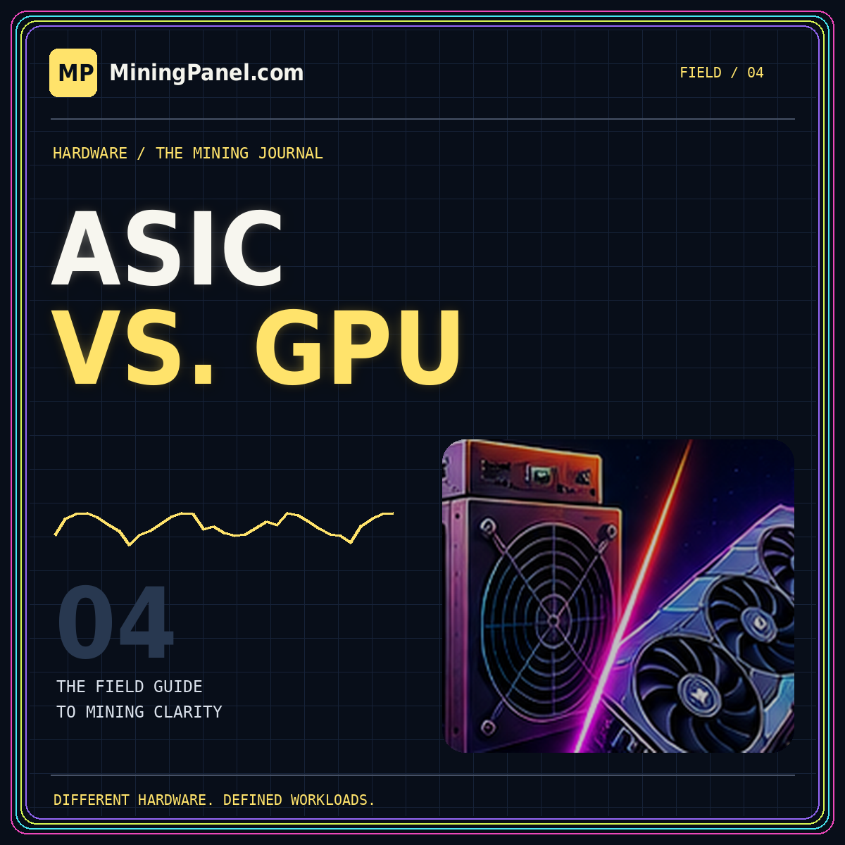 ASIC vs. GPU mining — neon MiningPanel.com field guide card