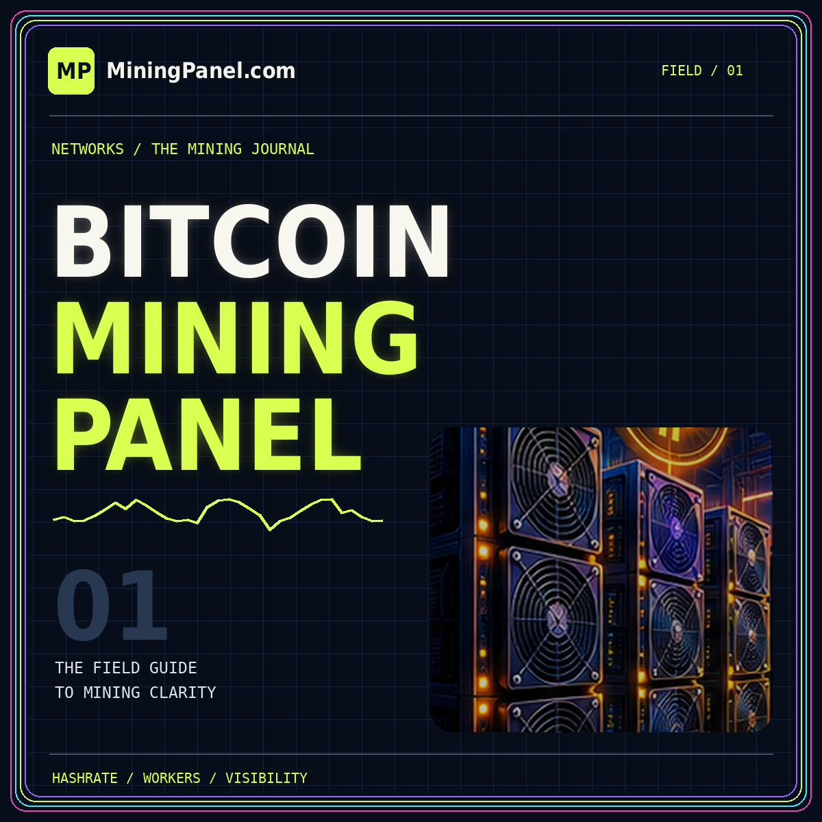 Bitcoin mining panels — neon MiningPanel.com field guide card