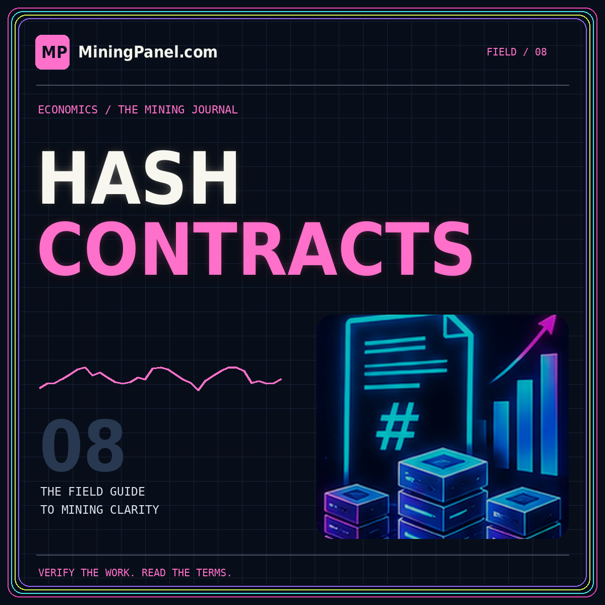 Hash-contract due diligence — neon MiningPanel.com field guide card