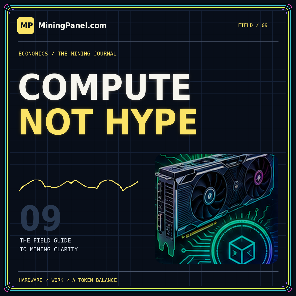 Compute, capacity & tokens — neon MiningPanel.com field guide card