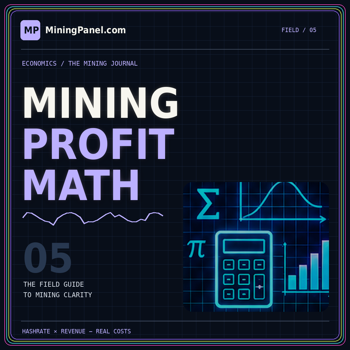 Mining profitability math — neon MiningPanel.com field guide card