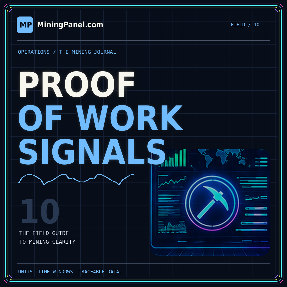 Proof-of-work metrics — neon MiningPanel.com field guide card